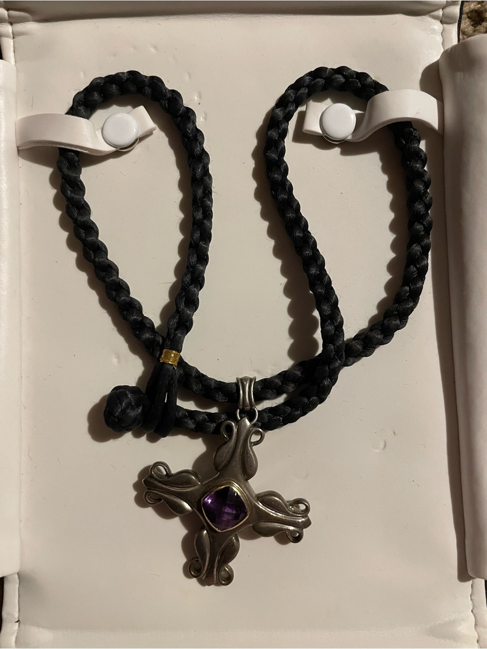 Vintage Rigaberto Black Braided Cord Necklace with Amethyst Cross Pendant
